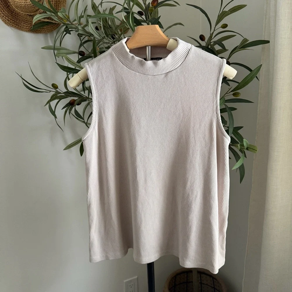 Eileen Fisher Ribbed Sleeveless Mock Neck Top Neutral Size M - Picture 3 of 8